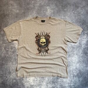 Y2K Extreme Limit Mens Skull and Dragon Graphic T-Shirt Gray Goth Streetwear XL